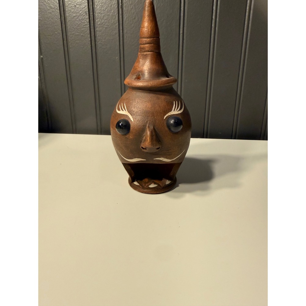 Vintage Folk Art Clay Pottery Face Vessel Blue Glass Eyes Pointed Hat 7.5 Inch